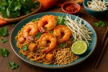 Photorealistic Food Photography - Pad Thai with shrimp, tofu, bean sprouts, and crushed peanuts