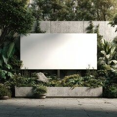 Fototapeta premium A large, blank billboard mounted on a concrete wall in a garden environment with lush greenery, ideal for outdoor advertising mockups or nature-themed displays.