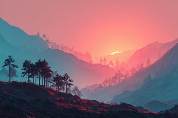 Majestic mountain range illuminated by a vibrant sunset casting colorful hues across the landscape and silhouettes of tall trees
