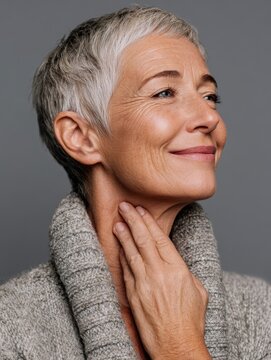 Senior woman with gentle smile touching neck, revealing natural skin texture, wrinkles highlighting aging process and authentic beauty