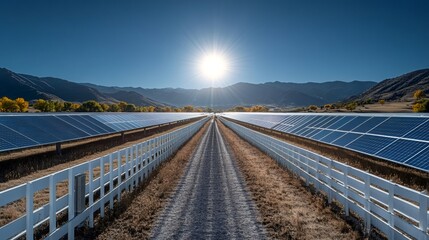 Solar panels capturing sunlight in a mountain valley power plant