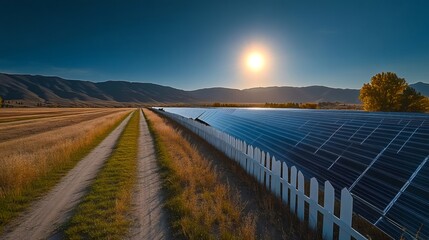 Solar panels providing clean energy in a rural landscape at sunset