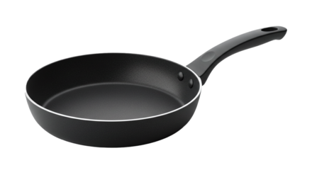 A single black frying pan with a long handle isolated against a plain black background in a studio shot on transparent background