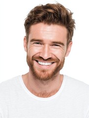 Obraz premium Portrait of handsome man with bright smile veneers after dentist isolated on white background