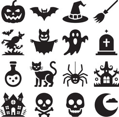 Halloween Symbols Collection: Pumpkin, Bat, Ghost, Cat, Skull, Witch, and More