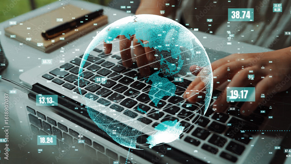 Poster a close-up of hands typing on a keyboard, overlaid with a digital globe, symbolizes global connectiv