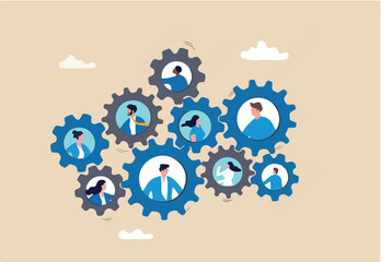Team or organization, office role or job position or skills to drive company, teamwork or collaboration for success, team effort concept, business people working to rotate connected cogwheels gear