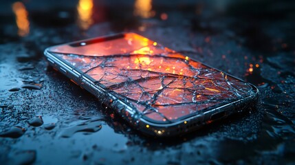 Broken smartphone screen showing lava reflecting city lights at night