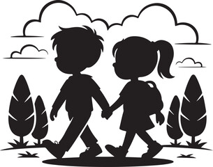 Children walking holding hands with backpack and clouds vector