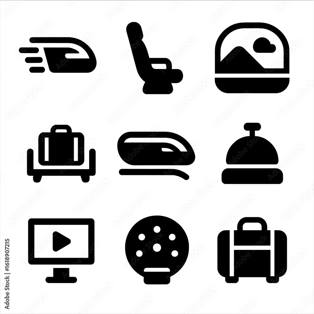 Poster hyperloop experience icons. solid, filled icon set of hyperloop travel experience: fast speed, comfo