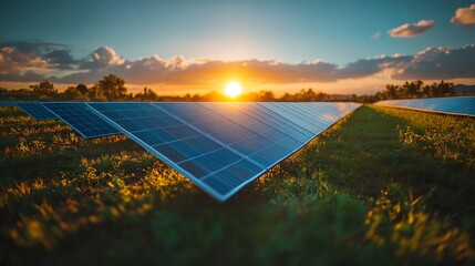 Solar panels collecting sunlight at sunset in a green field