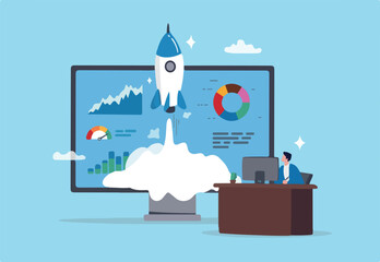 Start online business, website analytics, building internet e-commerce, marketing optimization dashboard chart diagram, smart online strategy, businessman working with computer launch website rocket