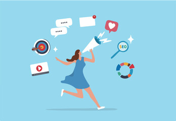Marketing strategy, communication for online website, social media or market research, advertising, seo optimization or marketing campaign concept, woman speak on megaphone with marketing elements