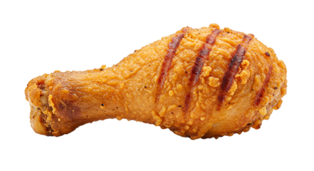 Close up of a single fried chicken drumstick with grill marks on a black background in studio lighting on transparent background