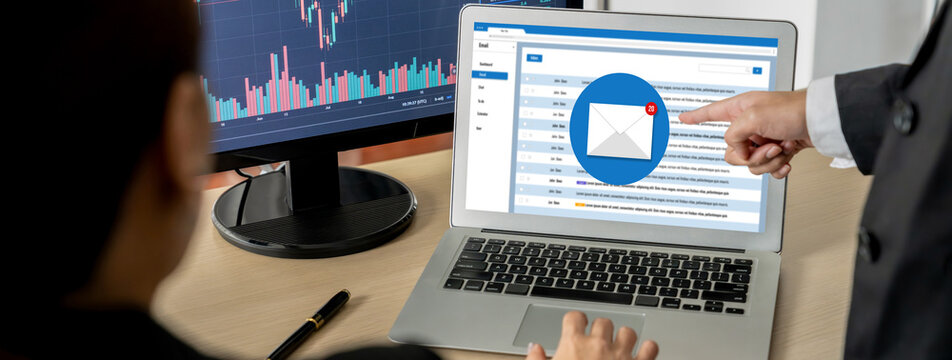 Email notification message showing on computer screen brisk. Digital marketing message information text from business to customer client