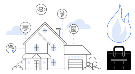 Modern house connected to devices for security, lights, water, HVAC, and energy monitoring. Ideal for technology, home safety, automation, eco-living convenience security simple flat metaphor