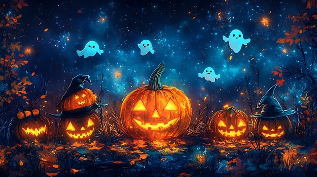 Glowing jack-o'-lanterns alongside cute spooky ghosts images