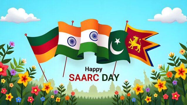 Happy SAARC Day illustration with flags of member countries and flowers