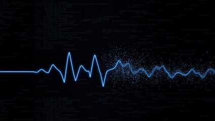 A blue glowing waveform transitioning into a scattered particle effect on a black background