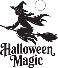 Silhouette of a witch flying on a broomstick with a moon halloween magic