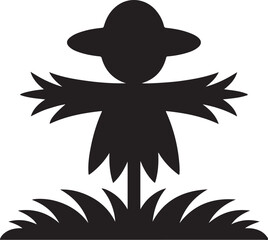 Silhouette scarecrow with wide brim hat and grass black white