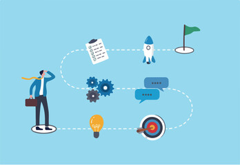 Winning plan to success, strategy step to reach success, career journey, project management or idea development, challenge, flowchart to succeed concept, businessman walk on winning plan journey