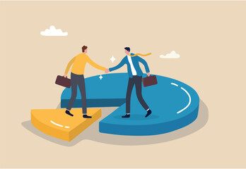 Shareholder or stakeholders, sharing benefit or merger and acquisition, partnership or collaboration, marketshare or agreement concept, businessman handshaking on pie chart to share profit together