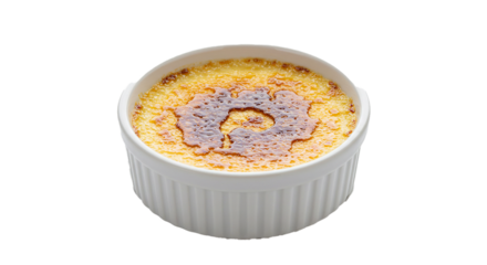 A single ramekin of crème brûlée with a caramelized sugar crust on a black background isolated on transparent background
