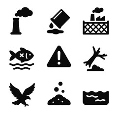 Obraz premium Industrial Pollution Icons. Solid, filled icon set of industrial pollution impact: smokestack, chemical spill, factory fence, dead