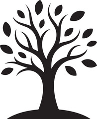 Stylized black tree with oval leaves silhouette branches