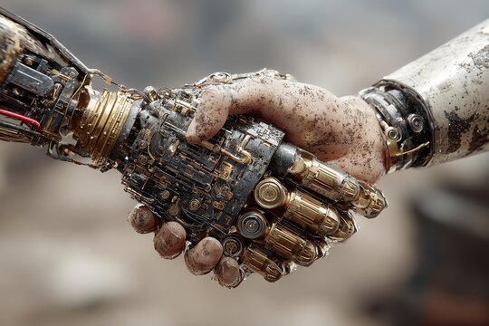 Artificial intelligence and real world hands shaking with digital network connection technology - Powered by Adobe