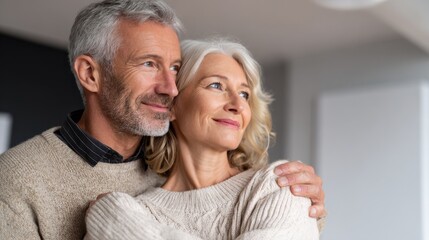 Happy senior adult mature classy couple hugging, bonding, thinking of good future. Carefree cheerful mid age old husband embracing wife looking away dreaming, enjoying wellbeing and love in new house