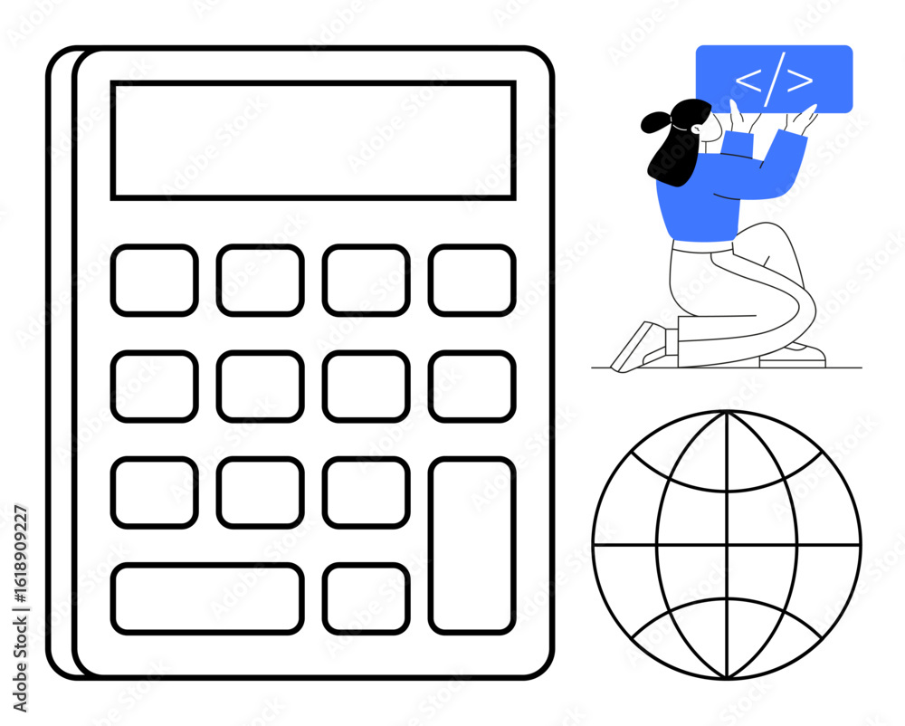Aufkleber woman coding, large calculator, spherical globe outline. ideal for technology, coding, calculation, 