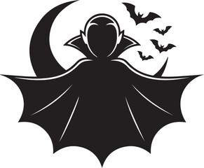Vampire silhouette with bats and crescent moon night spooky