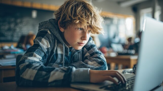 Smart teen kid boy junior middle school student using laptop learning coding data computer science digital software program information technology sitting at desk during class studying in classroom.,