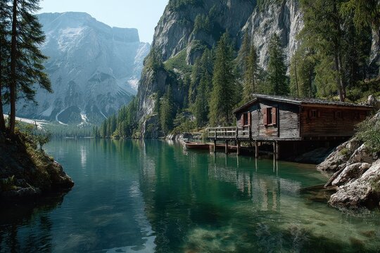 Wooden boats float on Lago di Braies with a small cabin along the rocky shore and the Dolomites Mountains in the background during the daytime