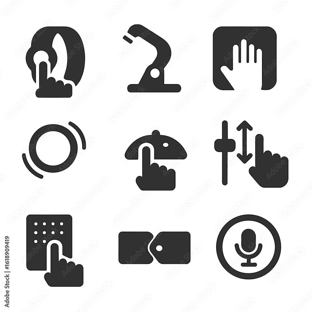 Poster interactive product icons. solid, filled icon set of interactive product forms: touch-sensitive band