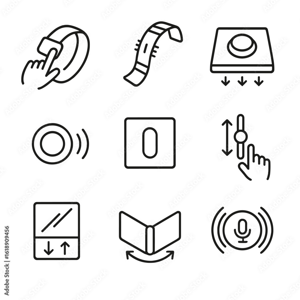 Poster interactive product icons. outline icon set of interactive product forms: touch-sensitive band, flex