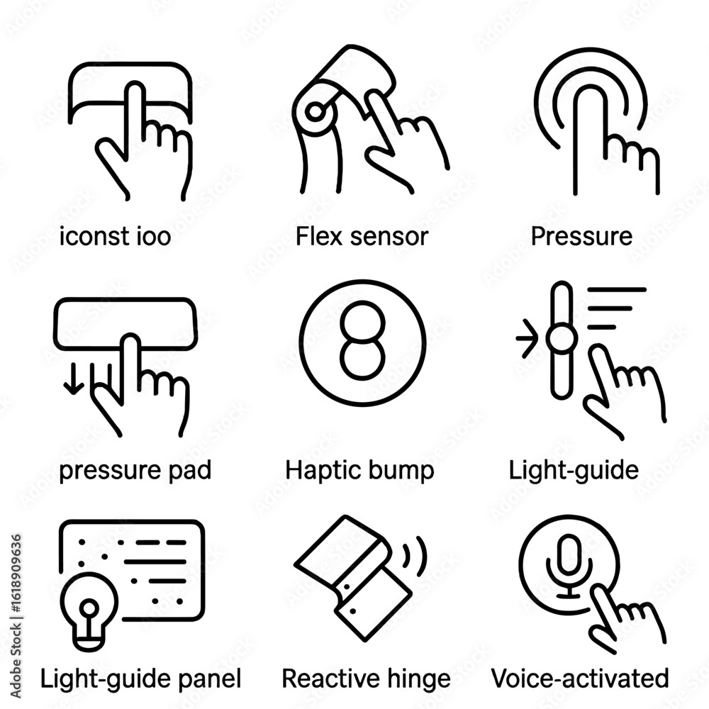 Poster interactive product icons. outline icon set of interactive product forms: touch-sensitive band, flex