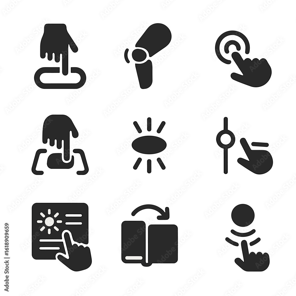 Poster interactive product icon set. flat icon set of interactive product forms: touch-sensitive band, flex