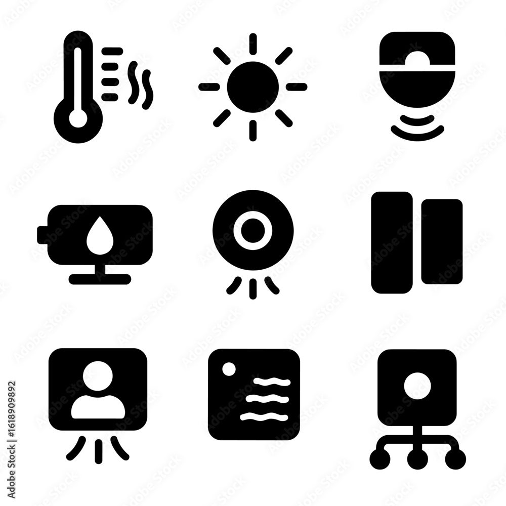 Poster iot sensor icons. solid, filled icon set of iot sensor networks: temperature sensor, light sensor, m