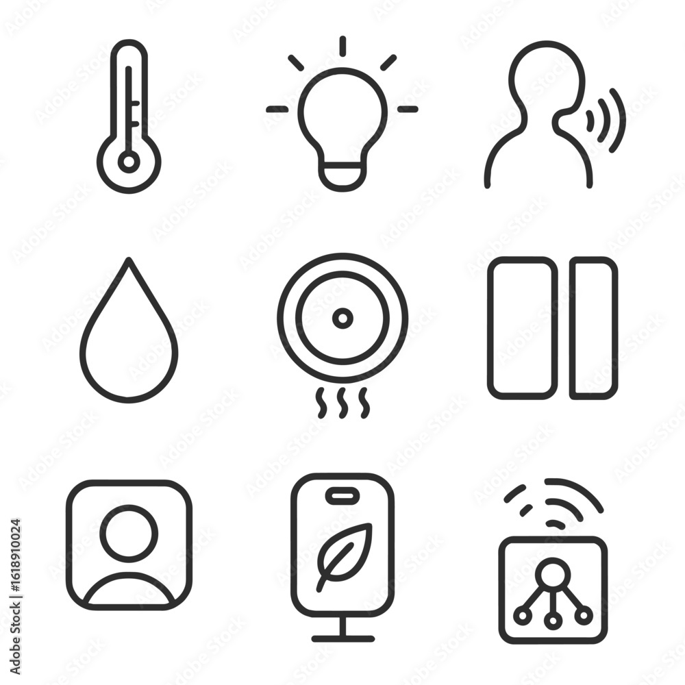 Poster IoT Sensor Icon Set. Outline icon set of IoT sensor networks: temperature sensor, light sensor, motion sensor, water-leak detector