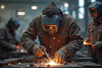 Industrial Welding Process with Protective Gear in Action