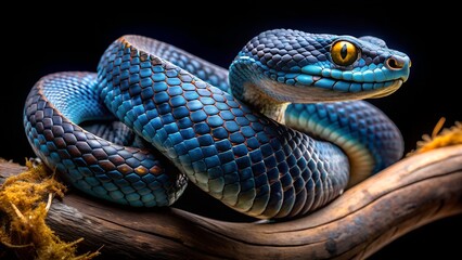 Fototapeta premium A striking blue viper snake with bright yellow eyes coiled on a textured branch against a dark background