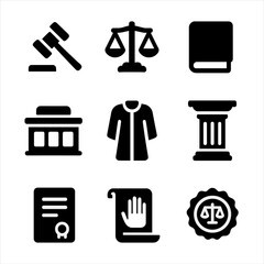Justice Icons Grid. Solid, filled icon set of judge’s tools and symbols of justice: gavel, scales, law book, courtroom bench,