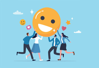 Employee satisfaction, workplace happiness or success team motivation, employee engagement or participation, feedback or company survey rating concept, business people employee with smile happy face