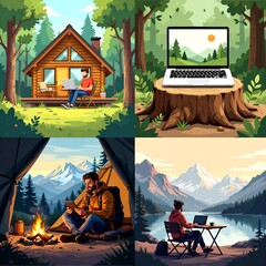 Remote Work in Nature – Four-Panel Illustration of Cabin, Campfire, and Lakeside Scenes

