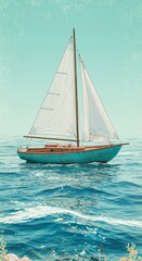 Fototapeta premium Teal Sailboat in Ocean: Isolated Yacht Sailing on Calm Turquoise Water on Sunny Day, Nautical Adventure, Summer Vacation, Marine, Sailing, Water Sport