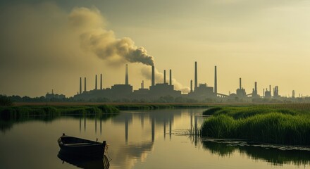 Naklejka premium Thick smog from factory chimneys contaminating air above a watery habitat.