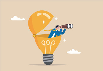 Creativity to help see business opportunity, vision to discover new solution or idea, curiosity, searching for success concept, businessman open lightbulb idea using binoculars to see business vision